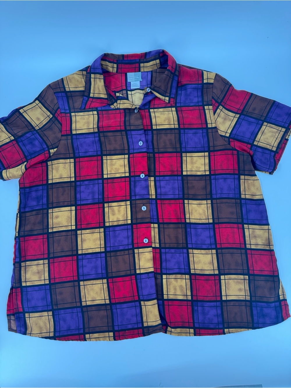 Vintage Urban Works Short-Sleeve Plaid Button Up Shirt with Shoulder Pads Sz 2X